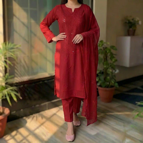 Handmade Chicken Kari With Mirror Work Ready to Wear 3Pc