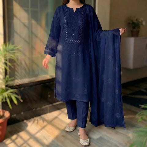 Handmade Chicken Kari With Mirror Work Ready to Wear 3Pc
