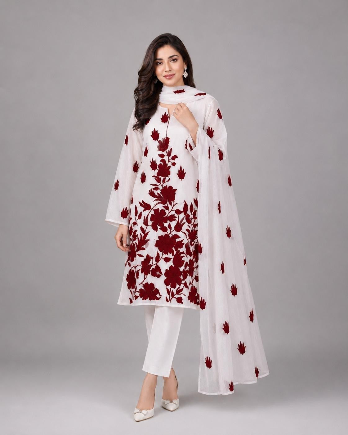 Maroon Handmade Floral Chiffon 3pc