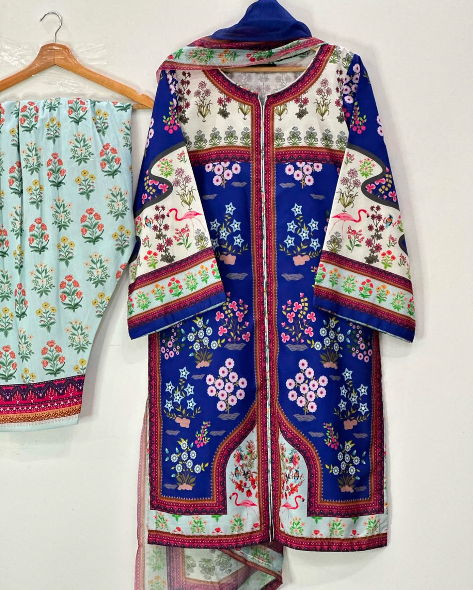 Royal Blue Floral Printed Lawn Suit