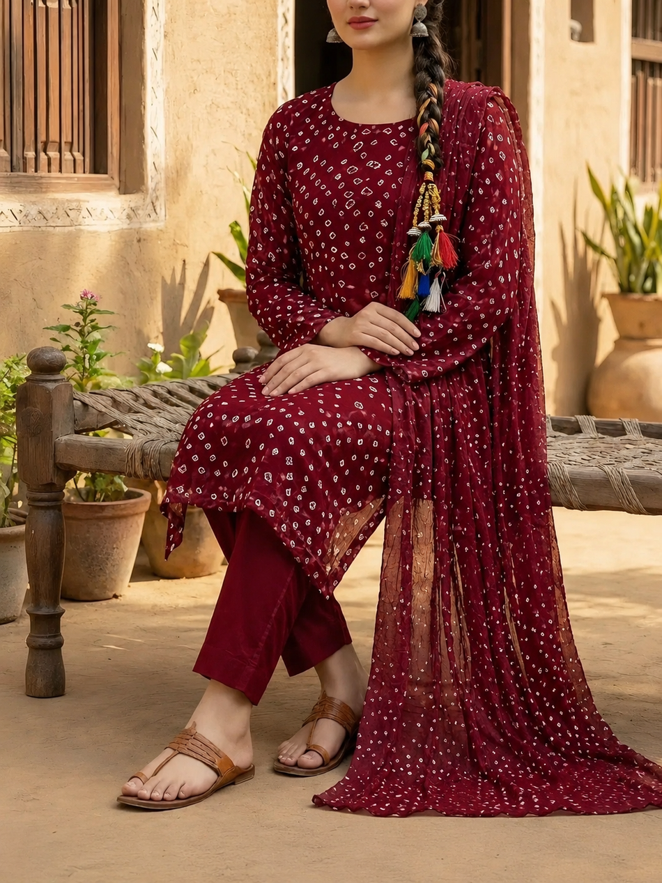 Mehroon Bandhani Chunri Handmade 3-Piece Suit