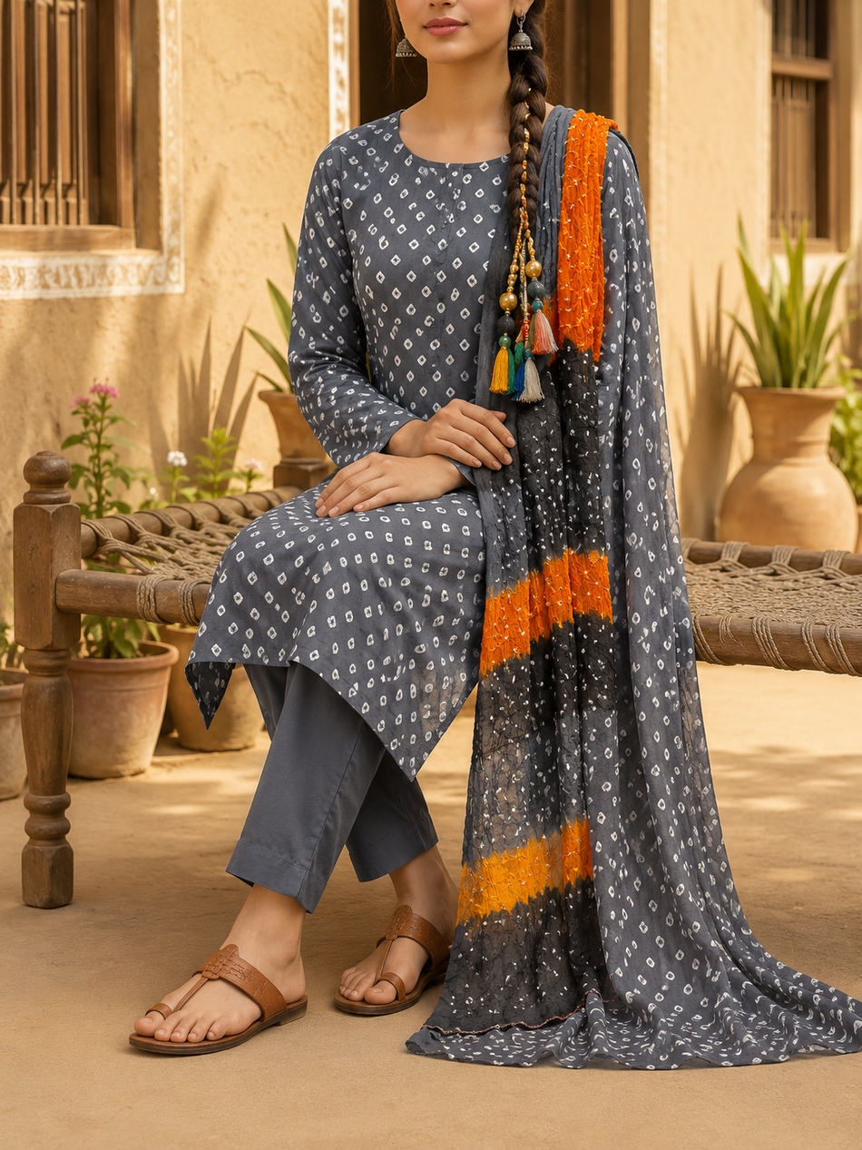 Grey Bandhani Chunri Handmade 3-Piece Suit (Copy)
