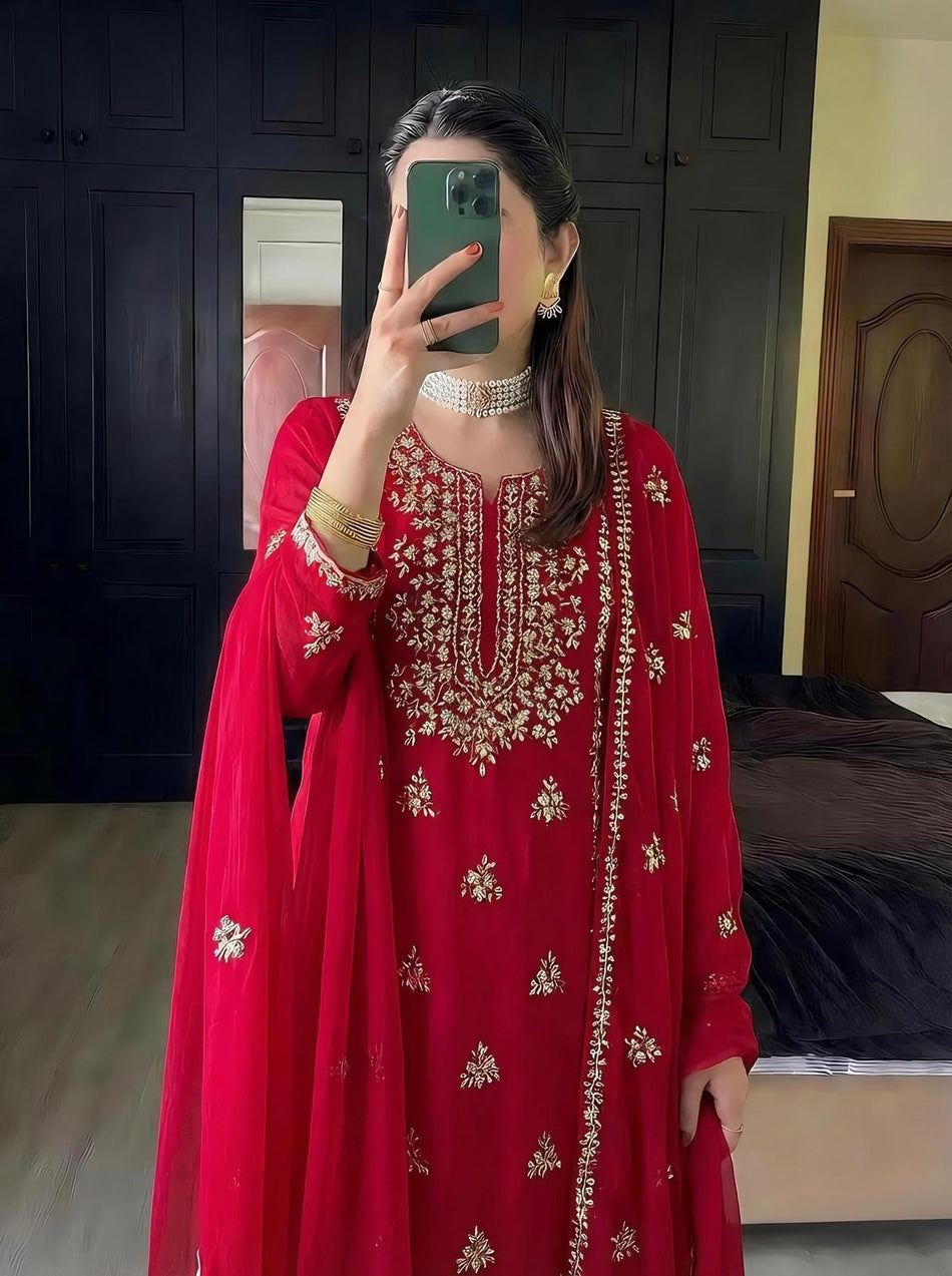 Red Embroidered Chiffon Suit