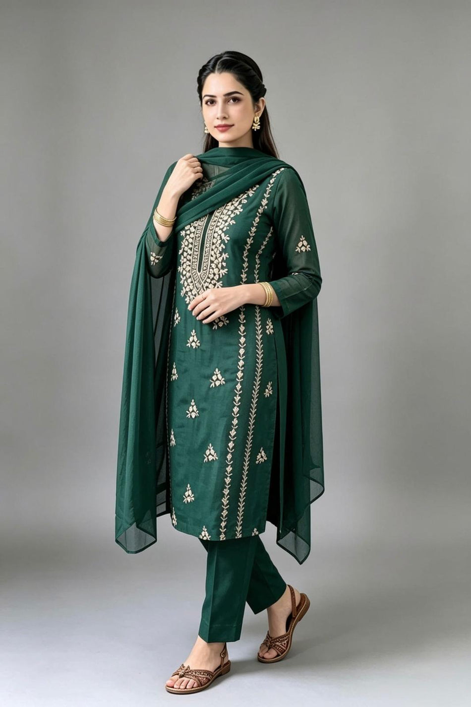 A beautifully crafted three-piece  suit, handmade with intricate gota work for an elegant, traditional finish....