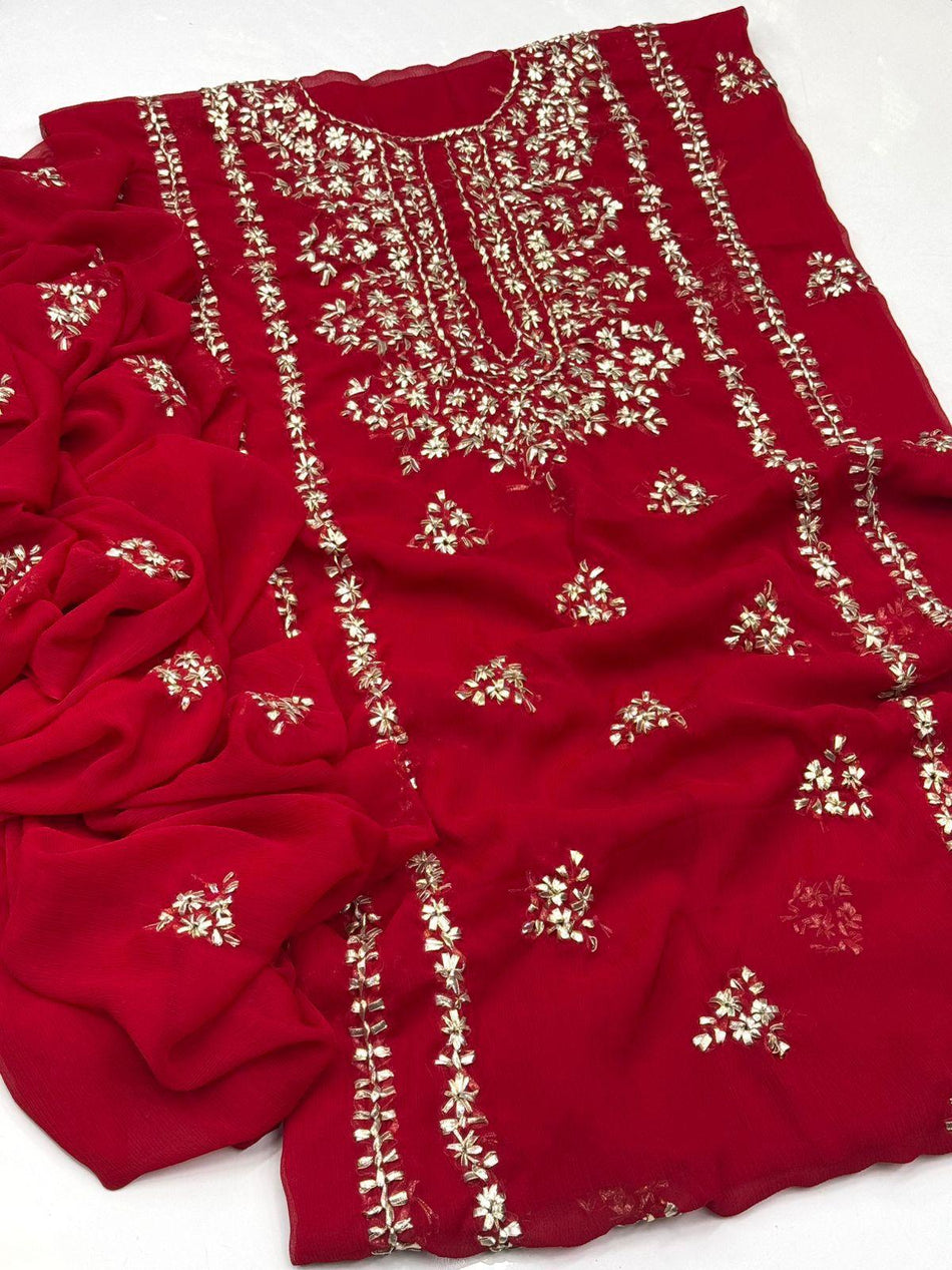 Red Embroidered Chiffon Suit